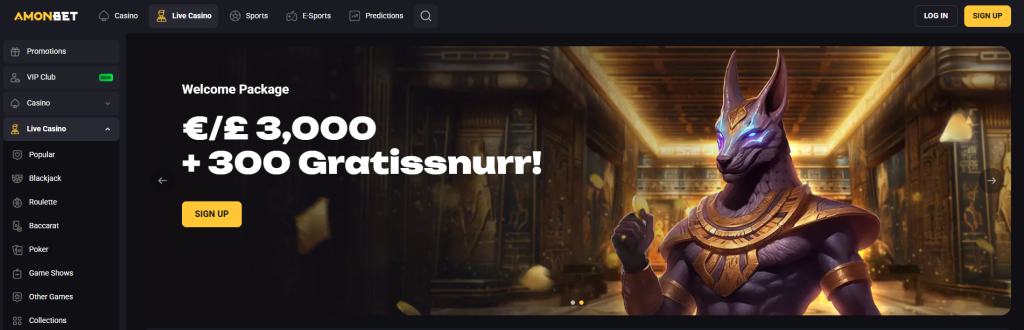 Amonbet homepage banner — Anubis welcome package promo