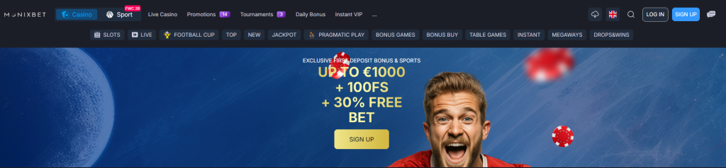 Monixbet welcome bonus banner with football player and casino chips