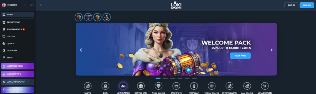 Loki Casino homepage — welcome pack banner