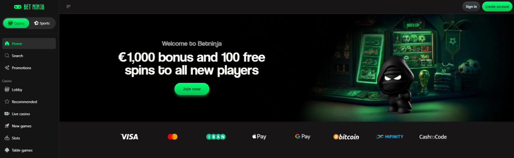 Bet Ninja homepage — welcome bonus