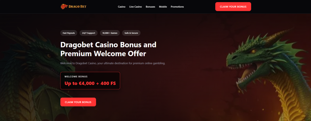Dragobet Casino homepage — welcome bonus
