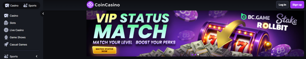 CoinCasino homepage — VIP status match promo