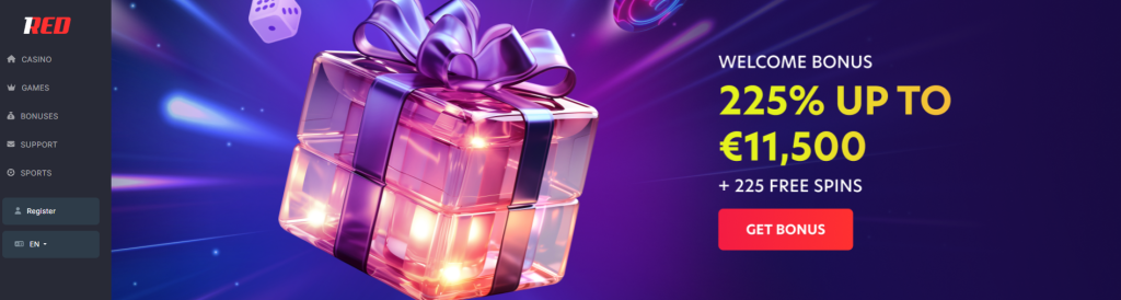 1Red Casino homepage — welcome bonus